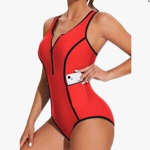 Women Zipper One Piece Swimsuit Athletic Racerback Bathing Suit, Medium